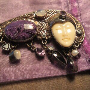 SAJEN Face and Jewel Brooch/Pendant Sterling Silver Moonstone Large etc.